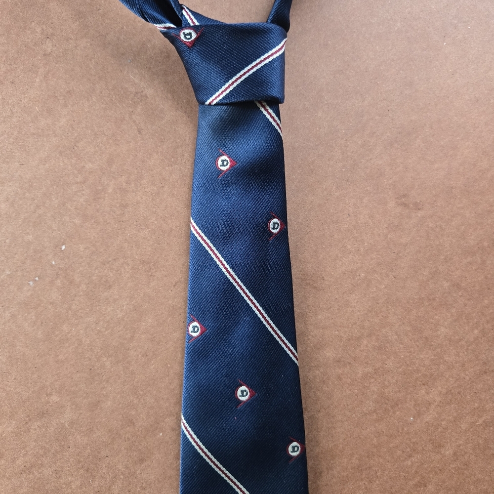 Vintage Dunlop VIP Passerelle Necktie Navy Blue Striped Logo Pattern Men’s Tie